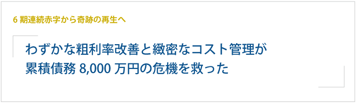 6期連続赤字から奇跡の再生へ！わずかな粗利率改善と緻密なコスト管理が、累積債務8,000万円の危機を救った