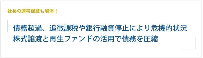 長年の債務超過、追徴課税や銀行融資停止により企業存続が危機的状況。自助努力では解決できず、株式譲渡と再生ファンドの活用で債務を圧縮。