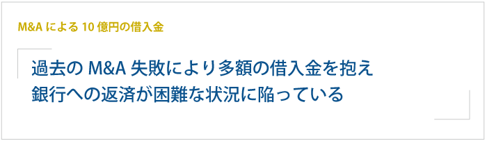 創業45年の製造業、過去のM&A失敗により多額の借入金を抱え、銀行への返済が困難な状況に陥っている。