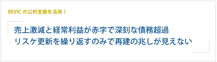 REVICの公的支援を活用！売上激減と借入金利の負担が重く経常利益が赤字で深刻な債務超過。リスケ更新を繰り返すのみで、再建の兆しが見えない状況に陥る。