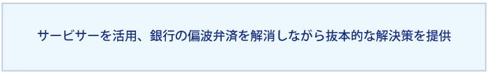 サービサーを活用し、銀行との偏波弁済を解消しながら、事業再生を実現する抜本的な解決策を提供。