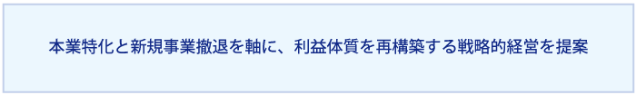 本業特化と新規事業撤退を軸に、利益体質を再構築するための戦略的経営改善計画を提案。