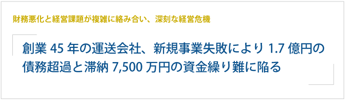 創業45年の運送会社、新規事業失敗により約1.7億円の債務超過と資金繰り難に陥る。経営者自身が再建の道を模索し、コンサルタントの力を借りて再建に挑む。