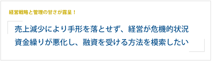 資金繰りが悪化し、銀行から融資を受ける方法を模索したい。受注減少により支払い手形の落とし込みができず、経営が危機的状況。