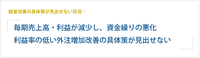 長年にわたり印刷業を営んでいた企業から、売上・利益の減少や資金繰りの悪化について相談が寄せられました。特に、取引条件の厳しい顧客への依存や、利益率の低い外注の増加が課題となっており、改善策が求められていました。