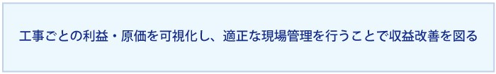 工事ごとの利益・原価を可視化し、適正な現場管理を行うことで収益改善を図る