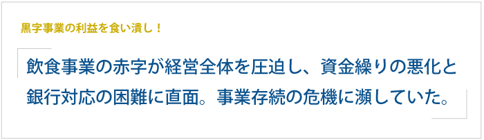 黒字事業の利益を食い潰し！飲食事業の赤字が経営全体を圧迫し、資金繰りの悪化と銀行対応の困難に直面。事業存続の危機に瀕していた。